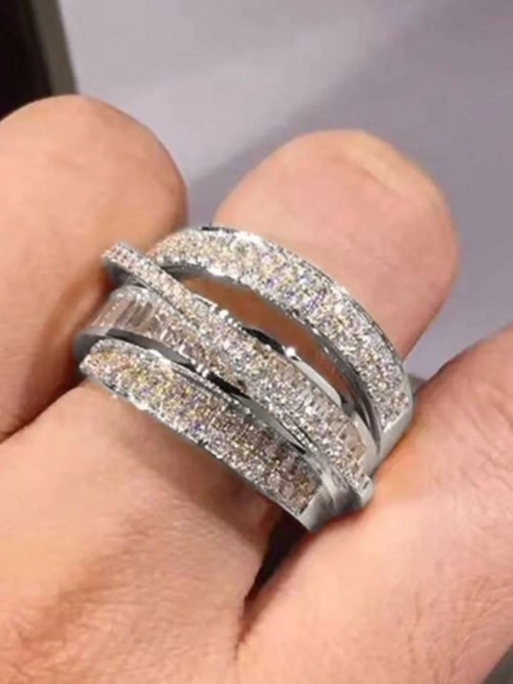 Elegant Silver Crystal Multi-Band Spiral Ring